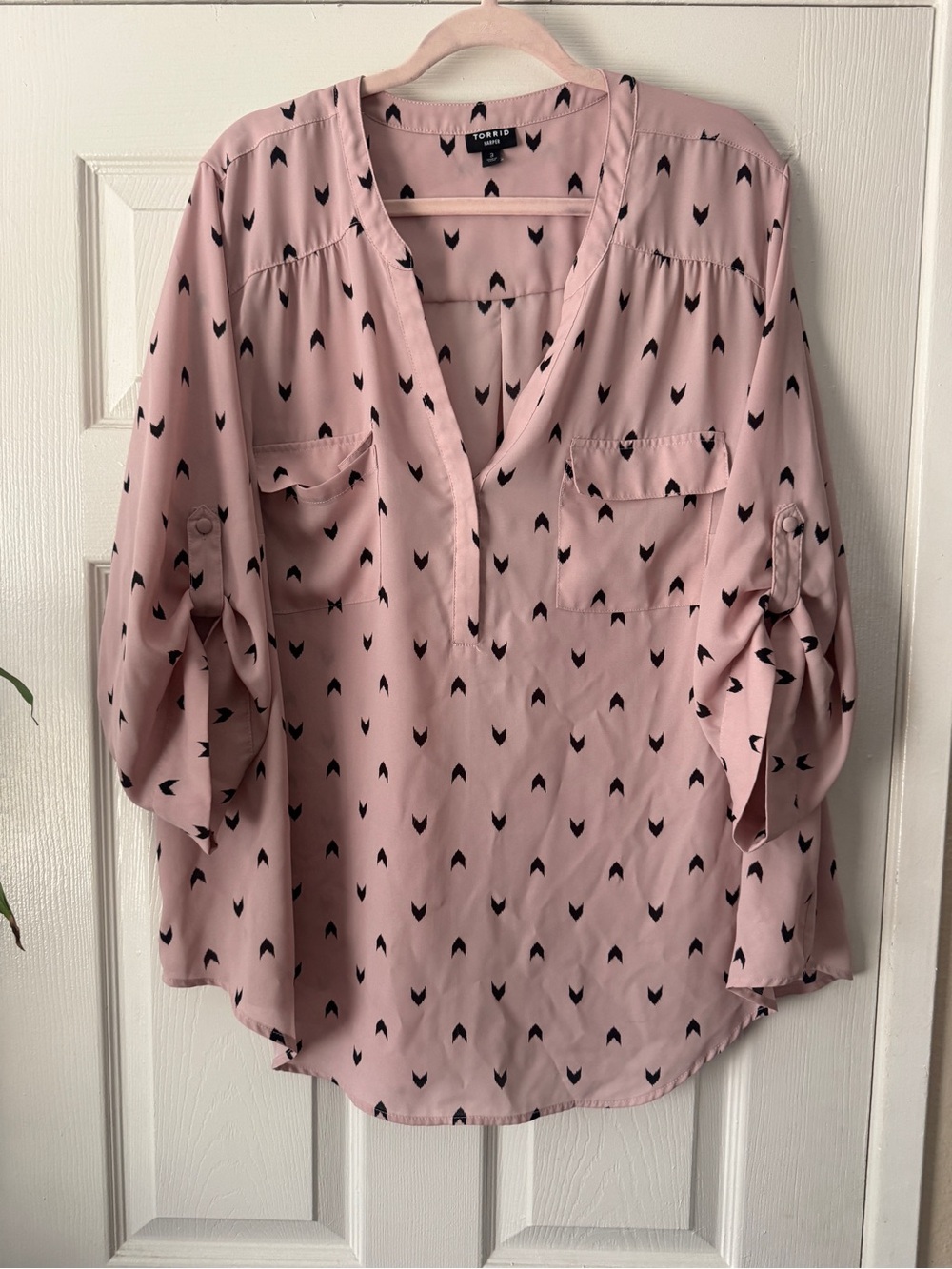 Torrid Pink V-Neck Button-Tab Sleeve Blouse